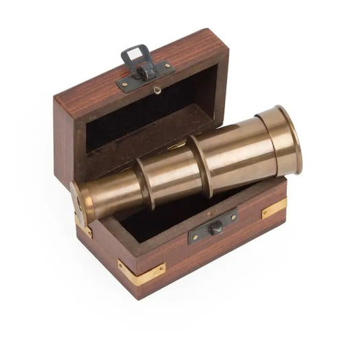 Aged Brass Telescope in Wooden Box