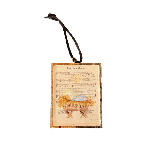 Wooden Hymn Ornament, away in a manager