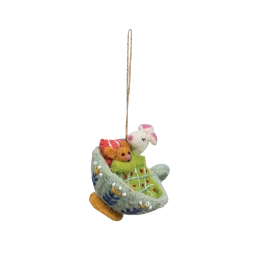 Felt Mouse in Teacup Ornament, green