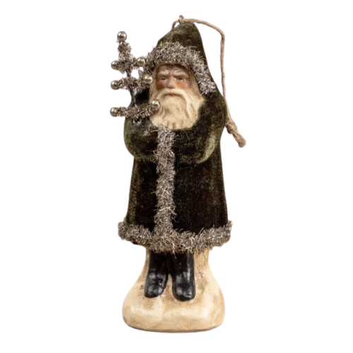 Velvet Santa Ornament, dark green