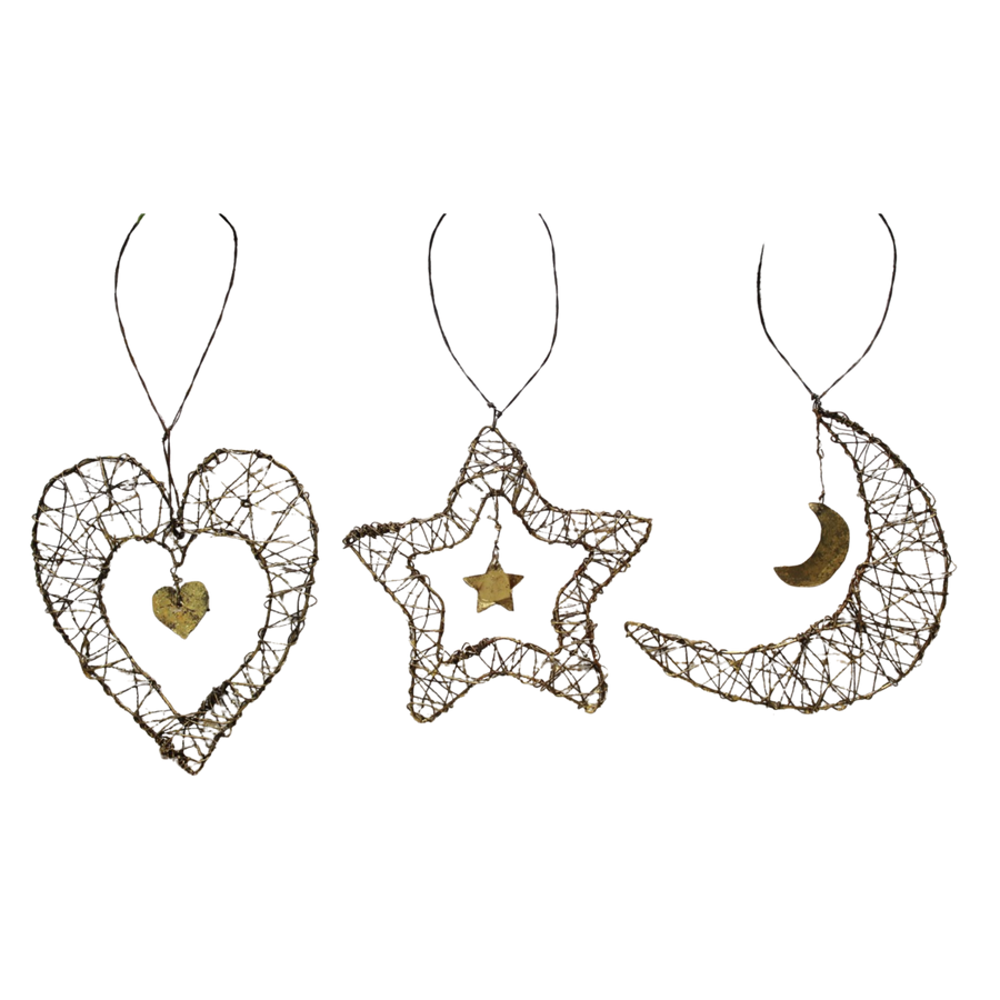 Wire Ornament - Heart/Moon/Star