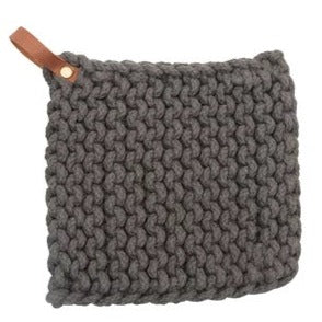 Crocheted Pot Holder, grey leather