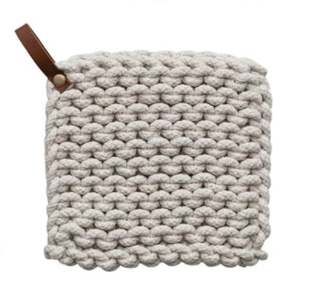 Crocheted Pot Holder, natural leather
