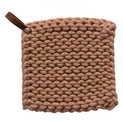 Crocheted Pot Holder with Leather Loop, apricot