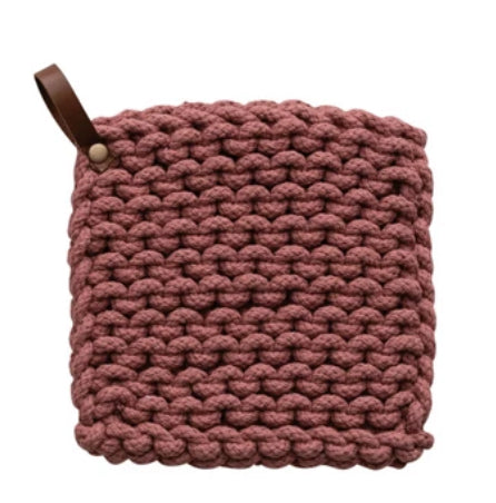Crocheted Pot Holder with Leather Loop, deep coral